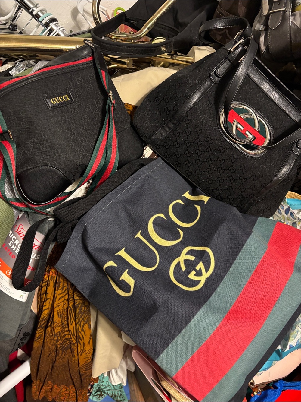 Gucci Black Canvas Belt Bags with Signature Green-Red Web Stripe-bundle of three